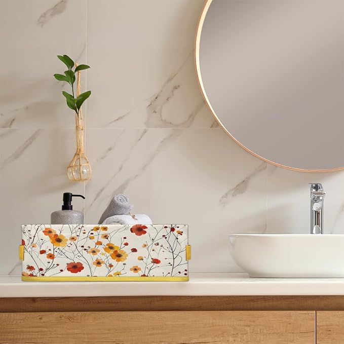 Red Yellow Flowers Bathroom Storage Basket, Foldable with Handle Open Countertop Paper Towel Decorative Box, Toilet Tank Top Shelf Baskets for Home Closet Bedroom Living Room Office