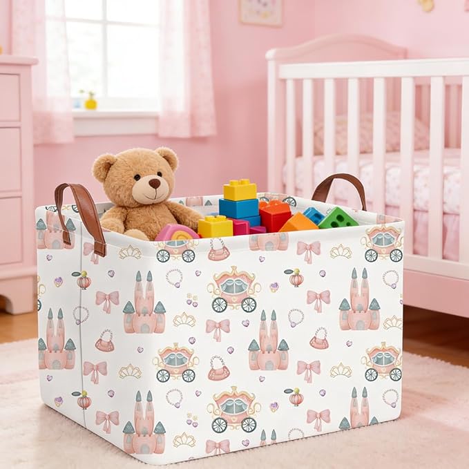 Rectangular Princess Castle Basket,Collapsible girl storage box,Pink Basket,Gift Organizer,Girl Room Decor,Books Box(Princess)