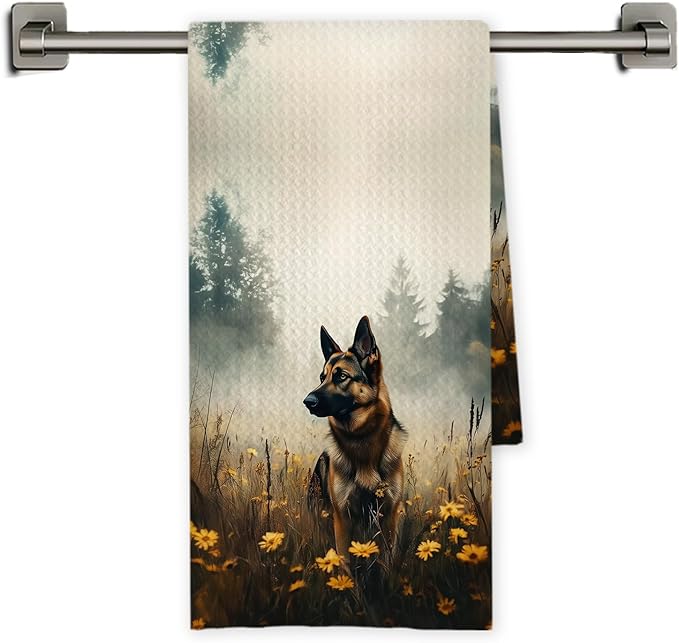 Chicimln Forest Wildflower German Shepherd Dog Kitchen Towels, German Shepherd Gifts Decorative Hand Towels for Bathroom, Dog Lover Gifts Dish Tea Towel Drying Cloth for Kitchen, 16x24 Inch