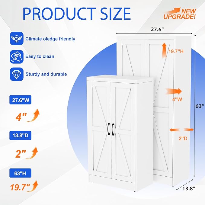 GAIOUS 63" Tall Metal Storage Cabinet White Cupboard Kitchen Pantry Cabinet | with 2 Doors and 3 Adjustable Shelves,Steel Freestanding 4 Tier File Cabinet for Office Dining Bathroom Bedroom,Food Storage
