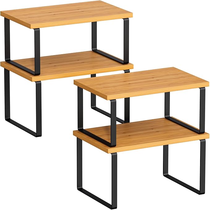 Cabinet Organizer Shelf, Kitchen Counter Shelf, Pantry Storage Riser | 4 Pack Ink Black & Natural Beige Shelves with Metal Legs, Stackable Countertop Risers for Kitchen, Pantry & Cabinet Storage