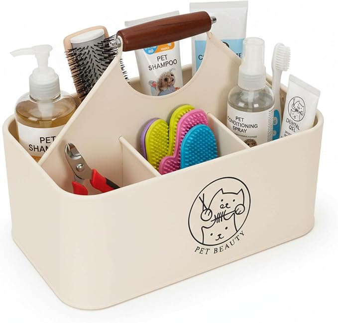 Premium Dog Cat Grooming Organizer 4-Compartment,Metal Caddy for Pet Stuff with Wooden Handle-Powder Coated Storage Bin for Dog Cat Grooming Kit, Nursing Supplies -Cream White