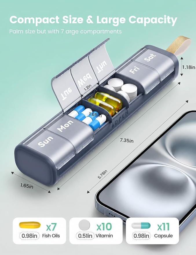 Weekly Pill Organizer, 7 Day Once Daily with Desiccant Chamber | BPA-Free, Easy Open Lids, Spill-Resistant, Compact Travel Case with Portable Handle,Indigo Blue