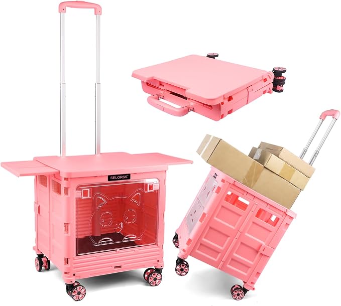FELICON SELORSS Folding Utility Cart Portable Rolling Crate Handcart-Pink | Magnetic Sliding Lid+Lockable Transparent Front Panel,Telescoping Handle,4 Swivel Wheels Tote for Travel Shop Office Teacher