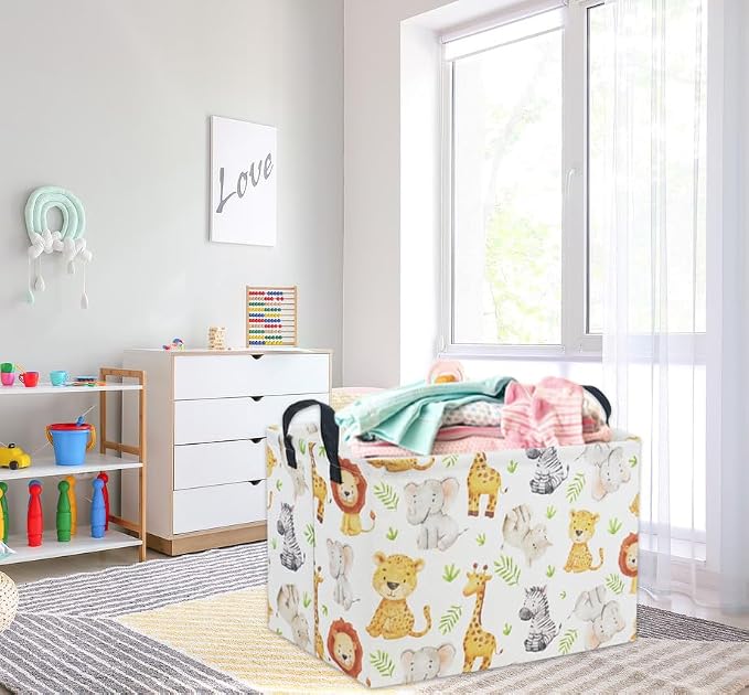 Rectangular Woodland Animal Basket Kids Baby Storage Basket Storage Bin Organizer Box Animal Room Decor(Green Animal)