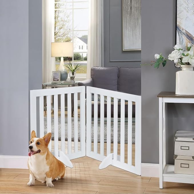 unipaws 24”H Free Standing Pet Gate for Dog Cat, 40”Wide Wooden Dog Gates | Foldable Pet Fence for Doorway, Stairs, Step, Expandable Doggy Barrier, Indoor Use, White