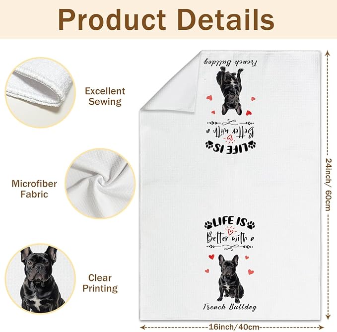 WwongxianB French Bulldog Kitchen Towels Decorative Set of 2, Funny Tea Towel Hand Towels Highly Absorbent Soft Dish Cloths 16x24 Inches, Bathroom Dining Room Decor, Frenchie Gifts for Dog Lovers -07