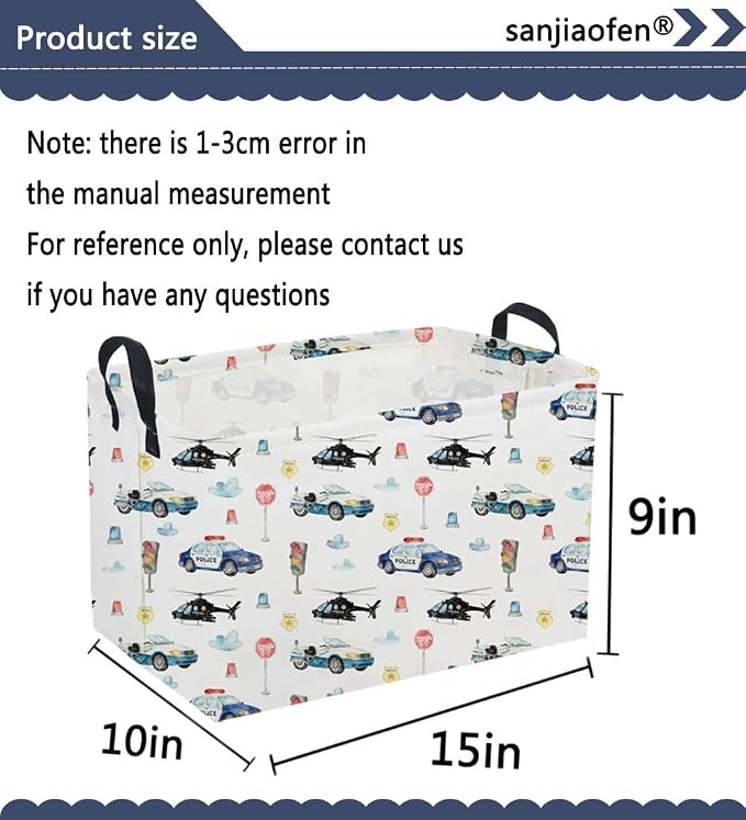 Sanjiaofeng Rectangular Police Car Storage Basket,Boys Toy Storage Bin,Nursery Hamper,Kids Storage Basket with Handles for Car Decor,Home Organizer,Books Box,Gift Baskets(Police Cars)