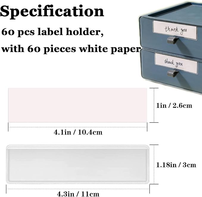 Adhesive Shelf Tag Label Holders Clear, Label for Storage Bins, 60pcs | Clear Drawers Label with Index, Card Pockets for File, Cabinet, Supermarket, Bookshelf, Mailbox, Kitchen, 1x4.1'