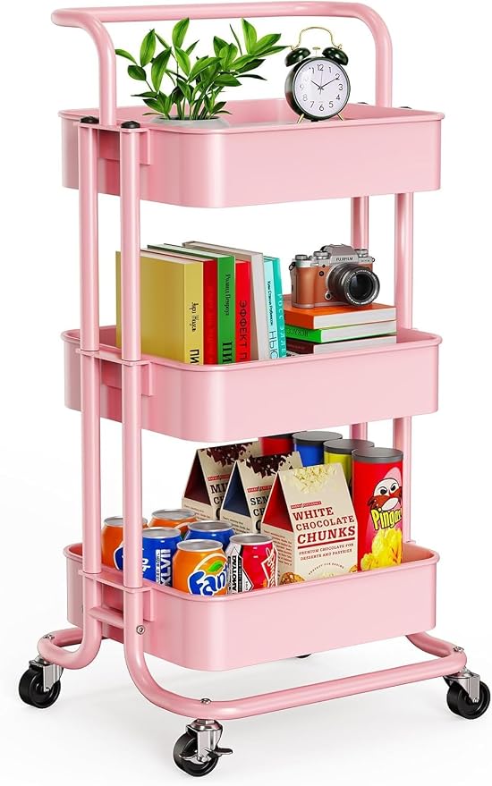 Pipishell Metal 3 Tier Rolling Cart with Handle & 2 Lockable Wheels, Pink | Four Large 2" Wheels for Easy Motion, Sturdy Metal, Hold 22 lbs per Shelf, Ideal for Nursery Room, Living Room, Painting Room