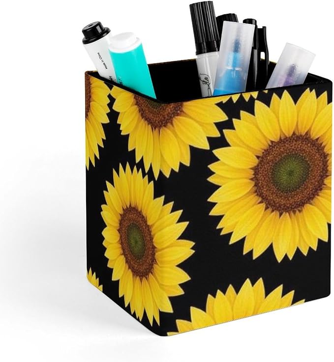 Pen Holder for Men Women, Floral Black Yellow Flowers Sunflower Pen Pencil Organizer Box Makeup Brush Holder Office Supplies Desk Accessories