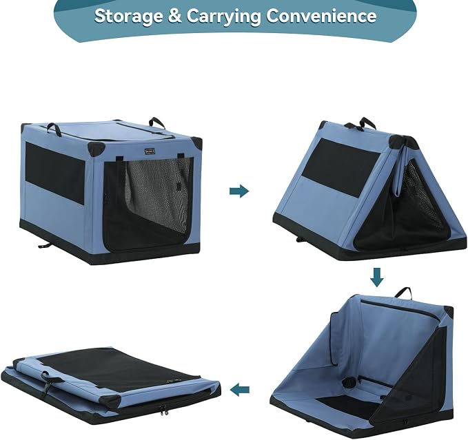 PETSFIT 30" Soft Portable Dog Crate – Patented Spiral Sturdy Frame, Collapsible Travel Kennel for Medium Dogs, 3 Mesh Door, Lockable Zippers, Indoor & Car Use Blue