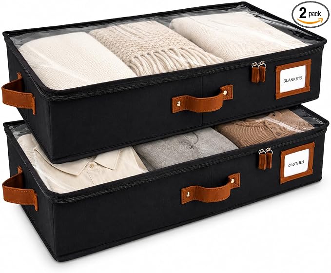 HOMELUX THEORY Under Bed Storage, Medium 2pc with Lid, Black | Drawer-style pull-out design, Fits blankets, clothes, fabric & shoes, Bins with lids, Bedroom & closet storage
