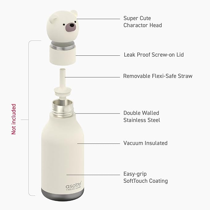 asobu Bestie Bottle Replacement Head For Insulated Stainless Steel Water Bottle, Detachable Soft Animal Head, Collectable Bottle Head for Fun Drinking For Kids, Bear