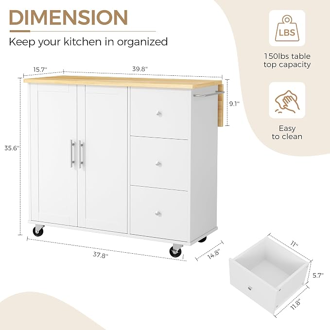 QAQA 40" Kitchen Island Cart Furniture cart on Wheels Rolling Portable Dining Room Serving Utility Carts Mobile Movable with Drawers Cabinet,White