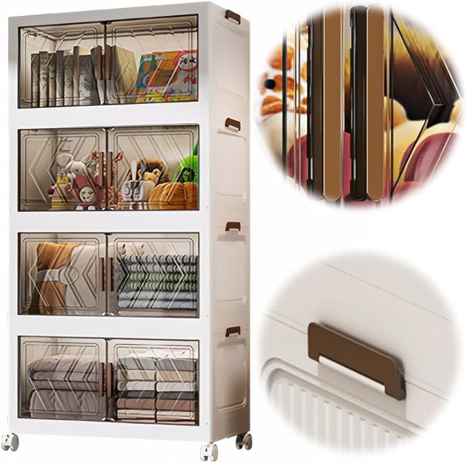 ETOYA 4-Tier Stackable Storage Bins with Lids, 23QT Stackable Closet Organizers and Storage with Wheels and Magnetic Doors, Foldable Plastic Storage Containers for Seasonal Clothes, Toys, Tools
