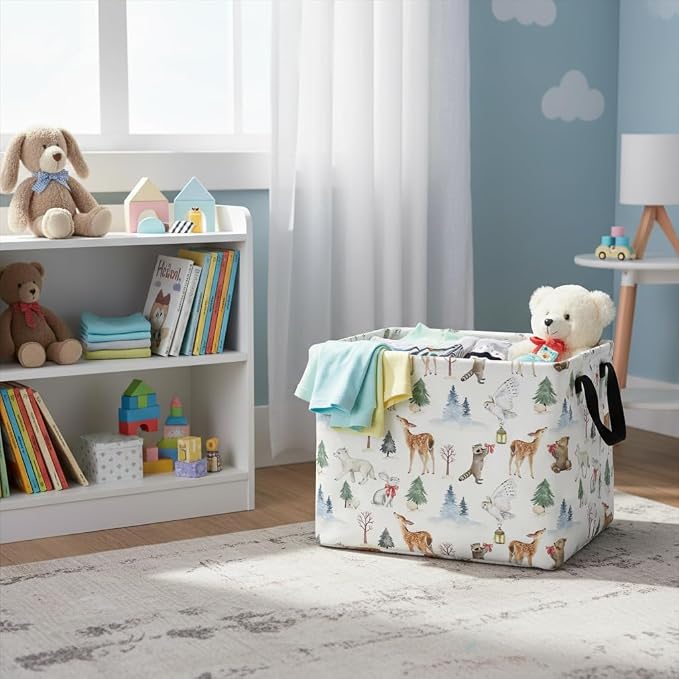 Rectangular Kids Basket Baby Girl Basket Fabric Storage Bin Organizer Box Room Decor(White Animal)