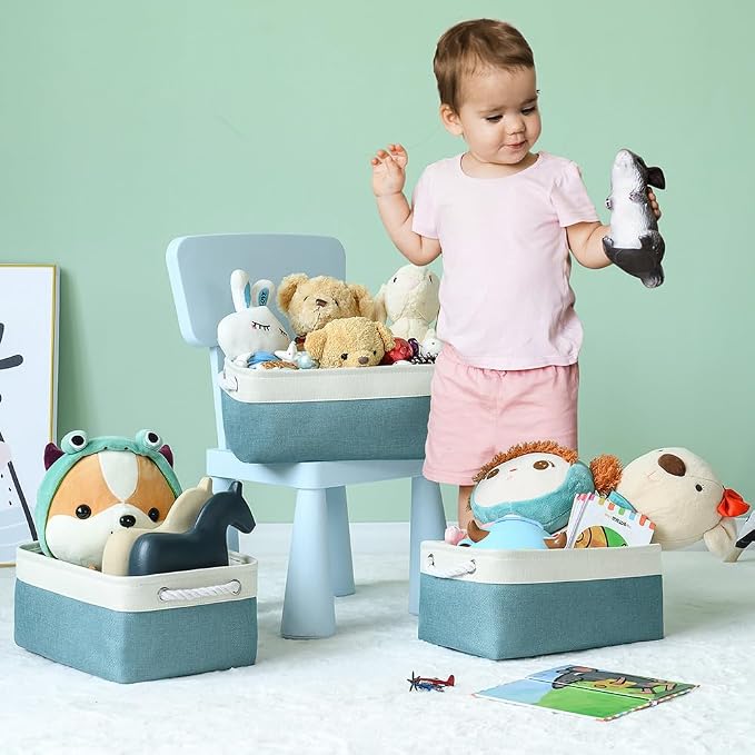 Fabric Storage Bins Baskets for Organizing,Sturdy Storage Basket W/Handles, Decorative Foldable Storage Baskets for Shelves Closet Nursery Toy (White&Teal, Medium - 3 Pack)