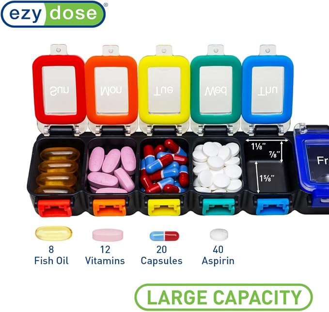 Ezy Dose Weekly (7-Day) Pill Organizer, Medicine Planner, Rainbow/Black | Daily Vitamin & Supplement Case, Waterproof Locking Compartments to Secure Prescription Medication, Travel-Friendly, BPA-Free