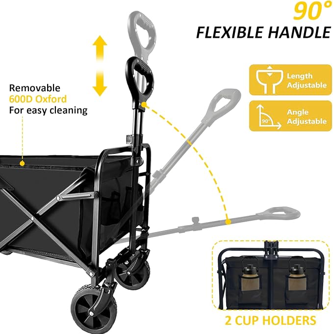 Foldable Wagon Cart, Collapsible Wagon Cart with Heavy Duty Wheels, 220Ibs Portable Folding Utility Wagon for Groceries, Beach, Camping, Outdoor Activities, Black