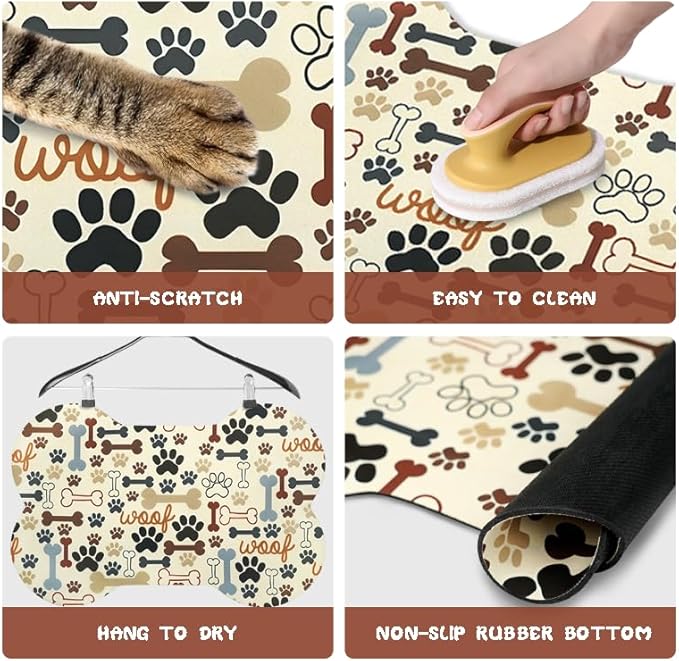 Dog Food Mats for Floors Waterproof, Pet Feeding Absorbent Water Bowl Mat Cat Placemats Beige Bone Shape 19 * 12 inch