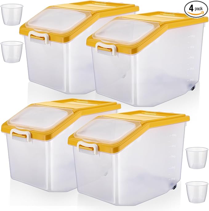 Sunnyray 4 Pcs Rice Storage Container Bulk 27.6 lb Airtight Flour Container with Wheels and Lids Measuring Cup Clear Pet Food Dog Birds Cat Food Bin Grain Cereal Organizer Box(Yellow)