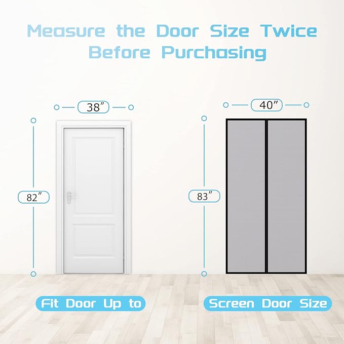 TheFitLife Fiberglass Magnetic Screen Door - Heavy Duty Mesh with Full Frame Hook and Loop Powerful Magnets That Closure Automatically, Door Screen Mesh Net | 40"x83" - Fits Doors up to 38"x82" Max, Gray, with Full Frame Hook & Loop Powerful Magnets, P...