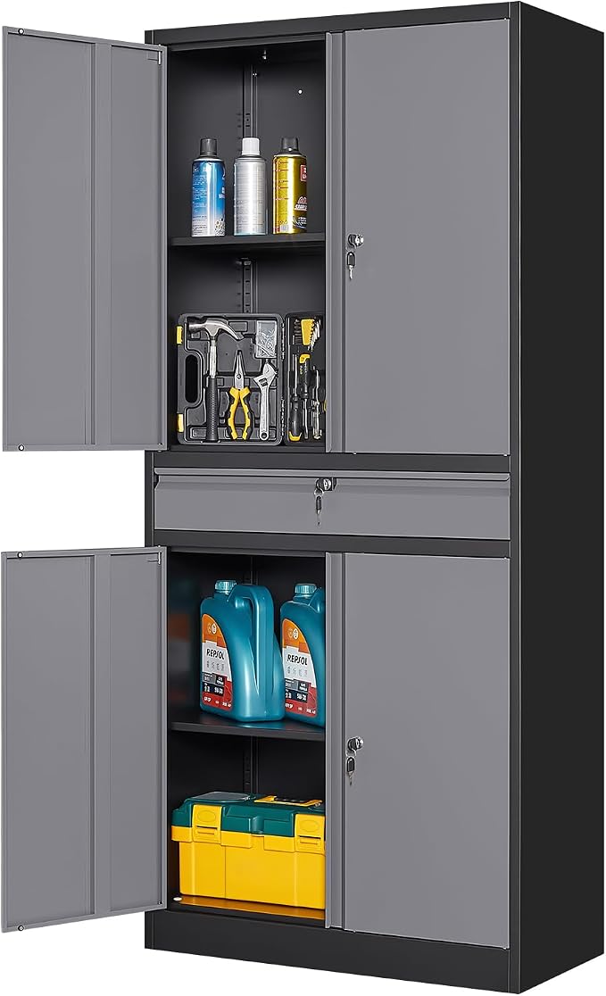 Metal Garage Storage Cabinet with Locking Doors and Adjustable Shelves, 71" Steel Tool Storage Cabinet with 1 Drawer for Garage,Office,Warehouse (Gray Black)