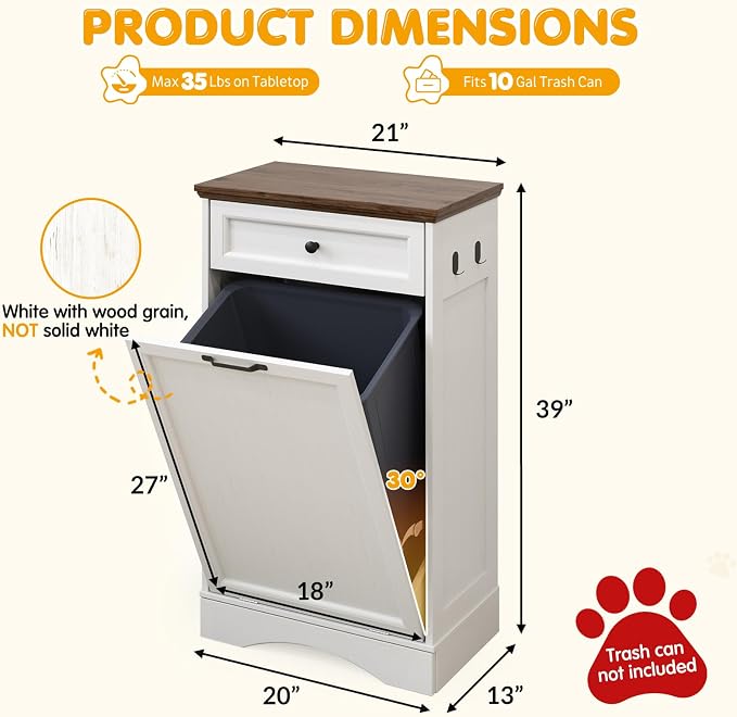 Tilt Out Trash Can Cabinet with Dog Bowl, 10 Gallons Dog Feeding Station with Storage Cabinet, Pet Food Cabinet with Hideaway Drawer for Kitchen, Living Room