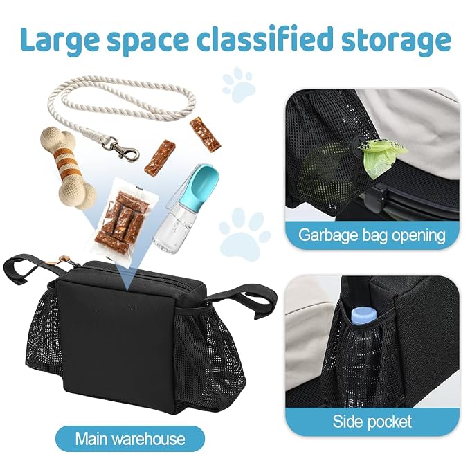 Dog Stroller Organizer Bag, Portable Spacious Compartments Pet Stroller Caddy Bag with Hook-and-Loop Straps & Side Mesh Pockets for Dog Cat Supplies Outdoor Travel