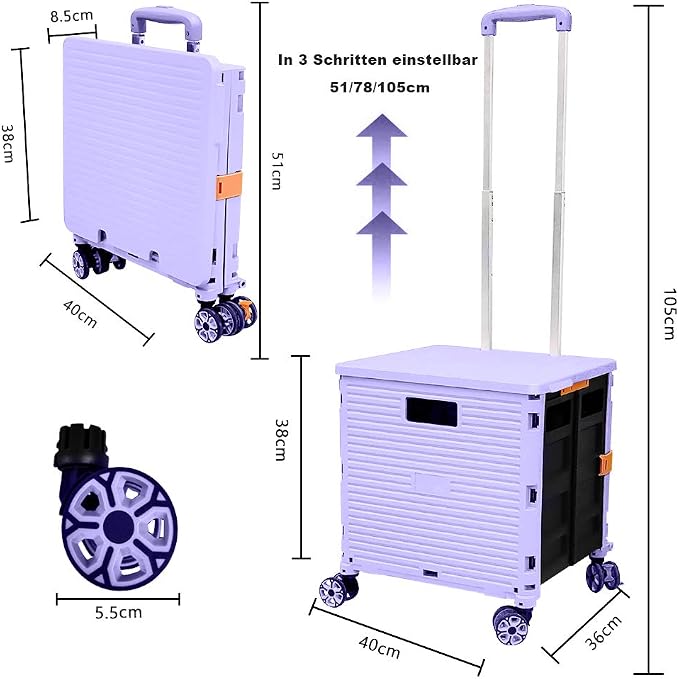 Foldable Utility Cart Folding Portable Rolling Crate Handcart Shopping Trolley Wheel Box with Lid Wear-Resistant Noiseless 360°Rotate Wheel for Travel Shopping Moving Storage Office Use (Purple)
