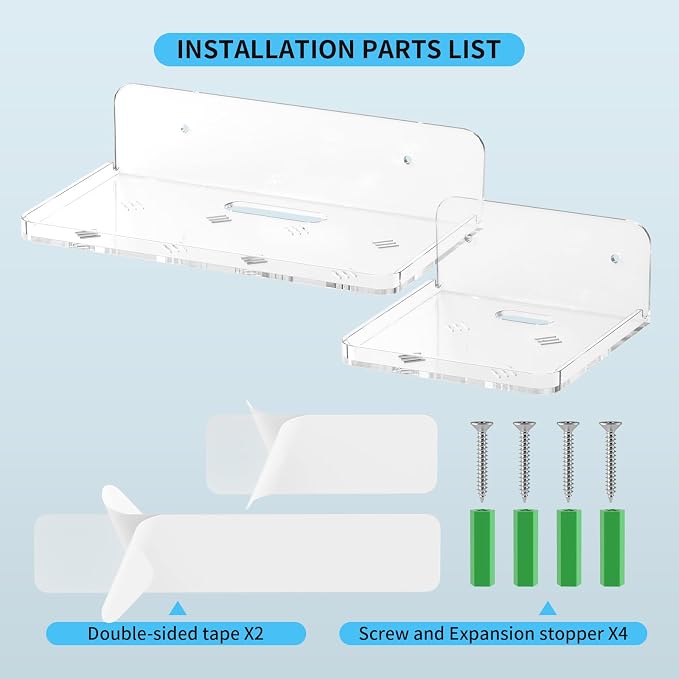 Wall Mount Floating Shelves for 2 Pcs Security Baby Camera Shelf Mini Speaker Other Small Items in Bedroom Bathroom Kitchen Living Room Clear Mini Shelf Flexible Use for Wall Space(S+L)