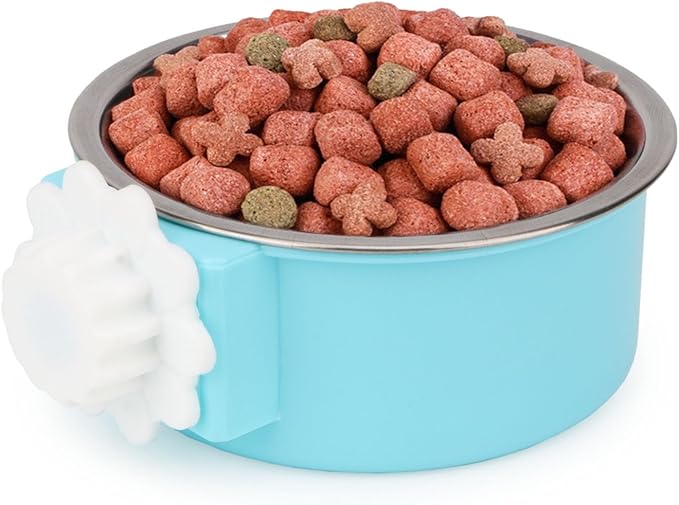 Crate Dog Bowl,Removable Stainless Steel Kennel Water Hanging Food & Water Feeder Crate Water Bowl No Spill for Puppy,Cat,Rabbit,Guinea Pig (Blue)