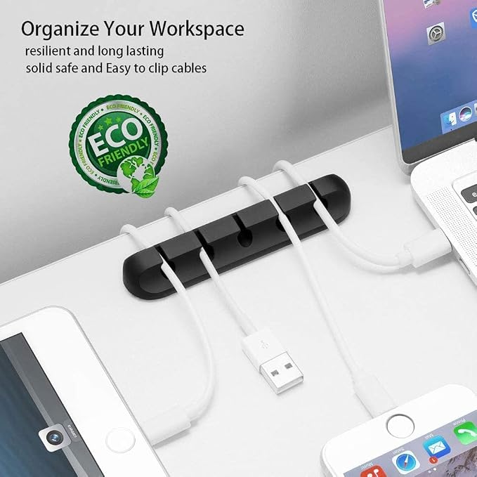 TviewSmart Cord Organizer for Desk, 5 Pack Cord Holders, Cable Clips, Black | Silicone cable management clips self adhesive for nightstand and charger, 7-5-3-1-1 slots hold USB and phone cords up to 6 mm