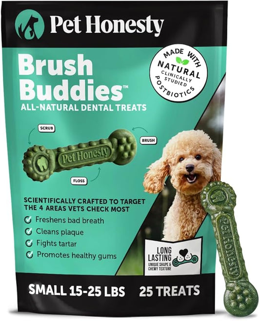 Pet Honesty Brush Buddies All Natural Dog Dental Treats for Dogs – Long Lasting Dental Sticks for Dogs, Teeth Cleaner, Breath Freshener, Plaque & Tartar Remover – Small Dogs (25 Count)