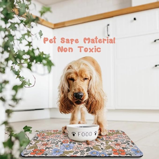Dog Food Mats for Floors Waterproof, Cat Water Bowl Mats Pet Feeding Absorbent Placemats Flower 17 * 30 inch