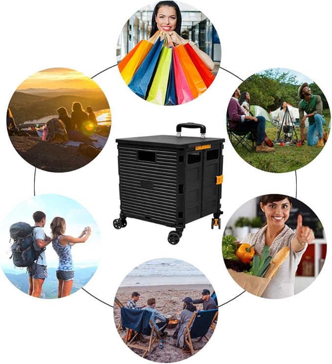 FELICON SELORSS Foldable Utility Cart Folding Portable Rolling Crate-Black | Durable,Heavy Duty,Plastic Box,Telescoping Handle,4 Rotate Wheels,Collapsible Handcart for Travel Shop Move Luggage Office