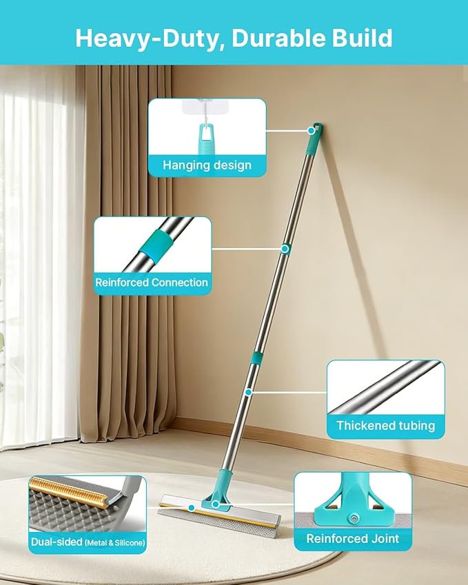 Carpet Rake for Pet Hair Removal, Upgraded Reusable Carpet Scraper Broom with 54” Adjustable Long Handle, Dual-Sided Metal & Silicone Brush, Cat & Dog Hair Remover Tool for Rugs, Mats, Stairs