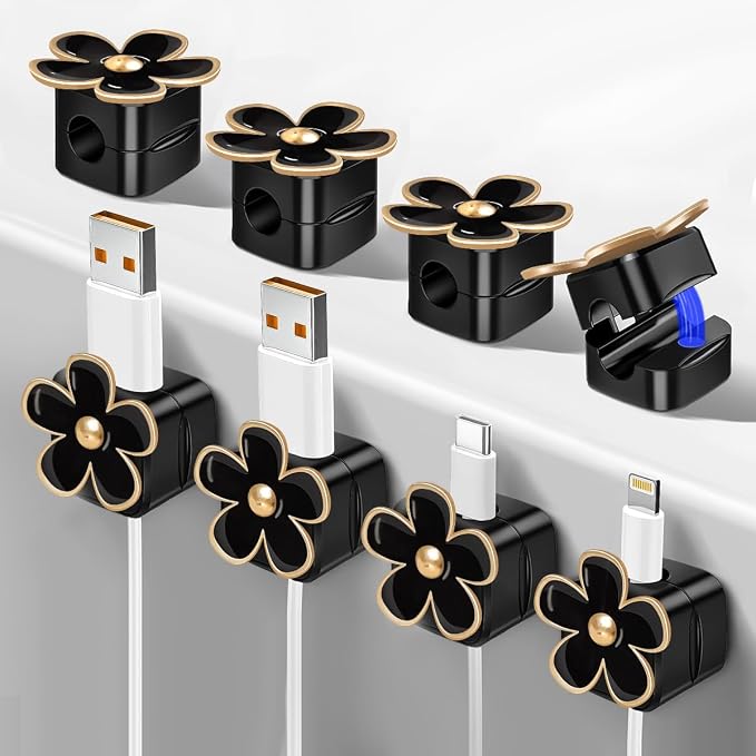 Magnetic Cord Organizer, Easy Secure Adhesive Cable Management, Wire Holder Organizer, Hide Or Organize Phone USB Charger Cable Clips for Home,Office,Car,Desk,Nightstand (Black Flower-8 Pack)