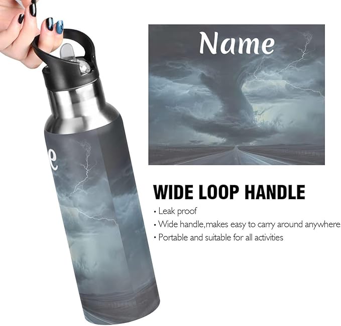 Custom Name Tornado Print Water Bottle with Straw Lid Kids Insulated Stainless Steel Water Flask Sports, 20 Oz Hot Cold