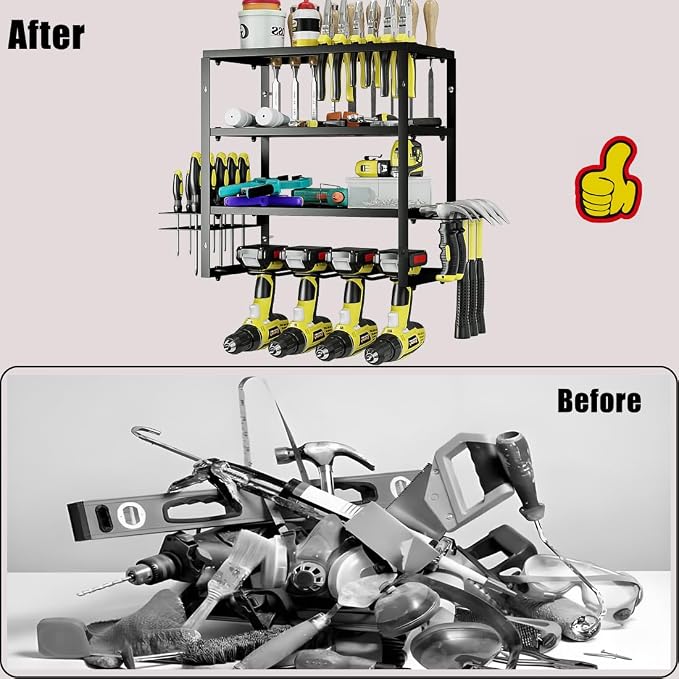 AZERPIAN Power Tool Organizer Heavy Duty Wall Mount Drill Tools Holder | Garage Wall Mount Tool Rack, Workshop Metal Cordless Tool Shelf, 3 Layers Utility Storage Racks for 4 Drill Holders