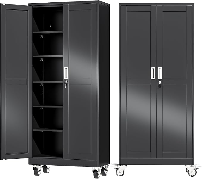 Ckzbx Metal Garage Storage Cabinet with Locking Doors and Adjustable Shelves,75" H Rolling Tool Storage with Wheels for Garage,Office (Black)