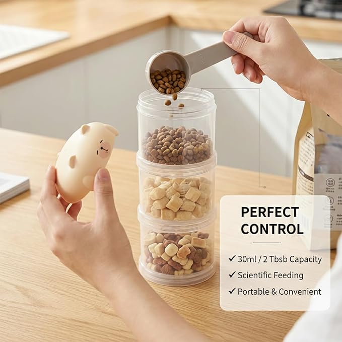 Dog Treat & Supplement Container, 3-Layer Stackable Pet Snack Organizer with Measuring Scoop, Portable Training Treat Holder for Walking, Travel & Daily Feeding, Airtight Pet Food Storage