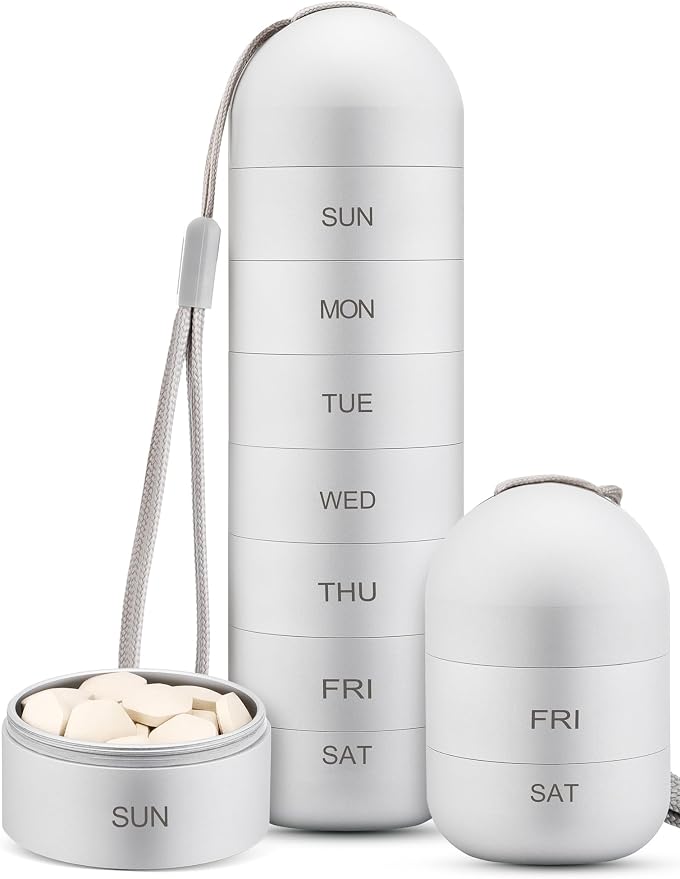 Zannaki Metal Moisture Proof Weekly Pill Organizer, Stackable Aluminum Alloy BPA Free Travel Hiking 7 Day Pill Box Case Waterproof and Large Compartment to Hold Pills, Vitamins, Fish Oil, Supplements