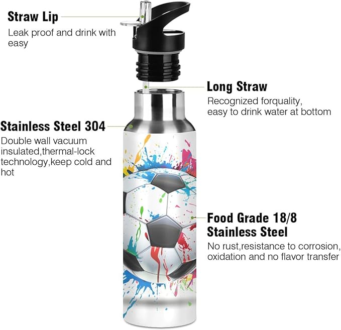 Soccer Ball Colorful Water Bottle with Straw Lid Kids Insulated Stainless Steel Water Flask Sports, 20 Oz Hot Cold