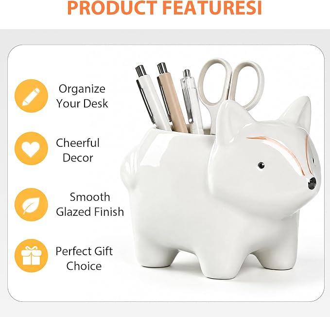 Ceramic Fox Shaped Pen Pencil Holder for Desk Decoration Accessories Fox Decor Makeup Brush Pen Cups Office School Ideal Gifts for Women, Mom or Birthdays