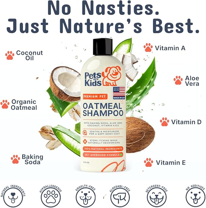 Pets Are Kids Too Oatmeal Dog Shampoo Baking Soda Hypoallergenic Anti Itch Moisturizing Soothing Deodorizing Pet Care Safe Puppy Shampoo Sensitive Skin Cat Shampoo - Coconut Based Cleanser 17 fl oz