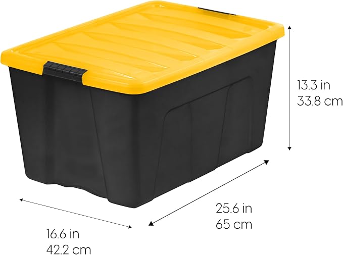 IRIS USA 6-Pack 72 Quart Storage Bins with Lids, Black/Yellow | Black finish conceals stored items. Perfect for moving, blankets, clothing, and garage storage. Nestable design saves space