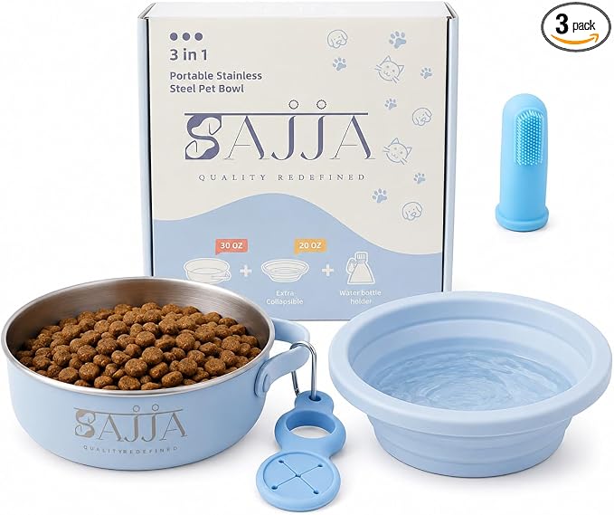 Blue Collapsible Travel Dog Bowl – BPA-Free Silicone & 18/8 Stainless Steel, Portable Non-Slip Food & Water Bowl with Handle, Bottle/Poop Bag Holder – Claim Your