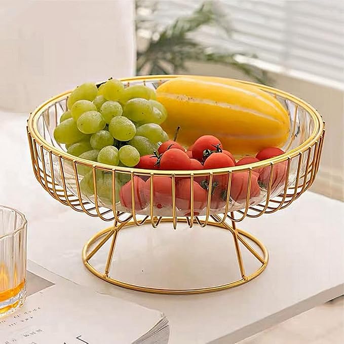 Transparent PET base fruit platter gold stand metal frame snack dessert tray plate, home creative modern living room fruit bowl stand (Transparent)